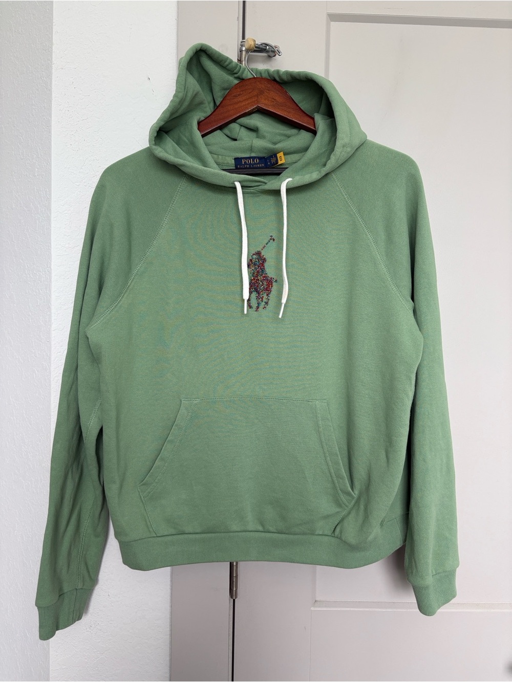 POLO RALPH LAUREN BEADED BIG PONY FRENCH TERRY GREEN HOODIE WOMENS LARGE